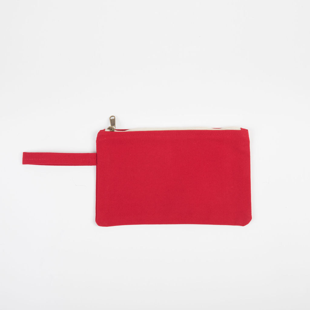 red personalized canvas clutch