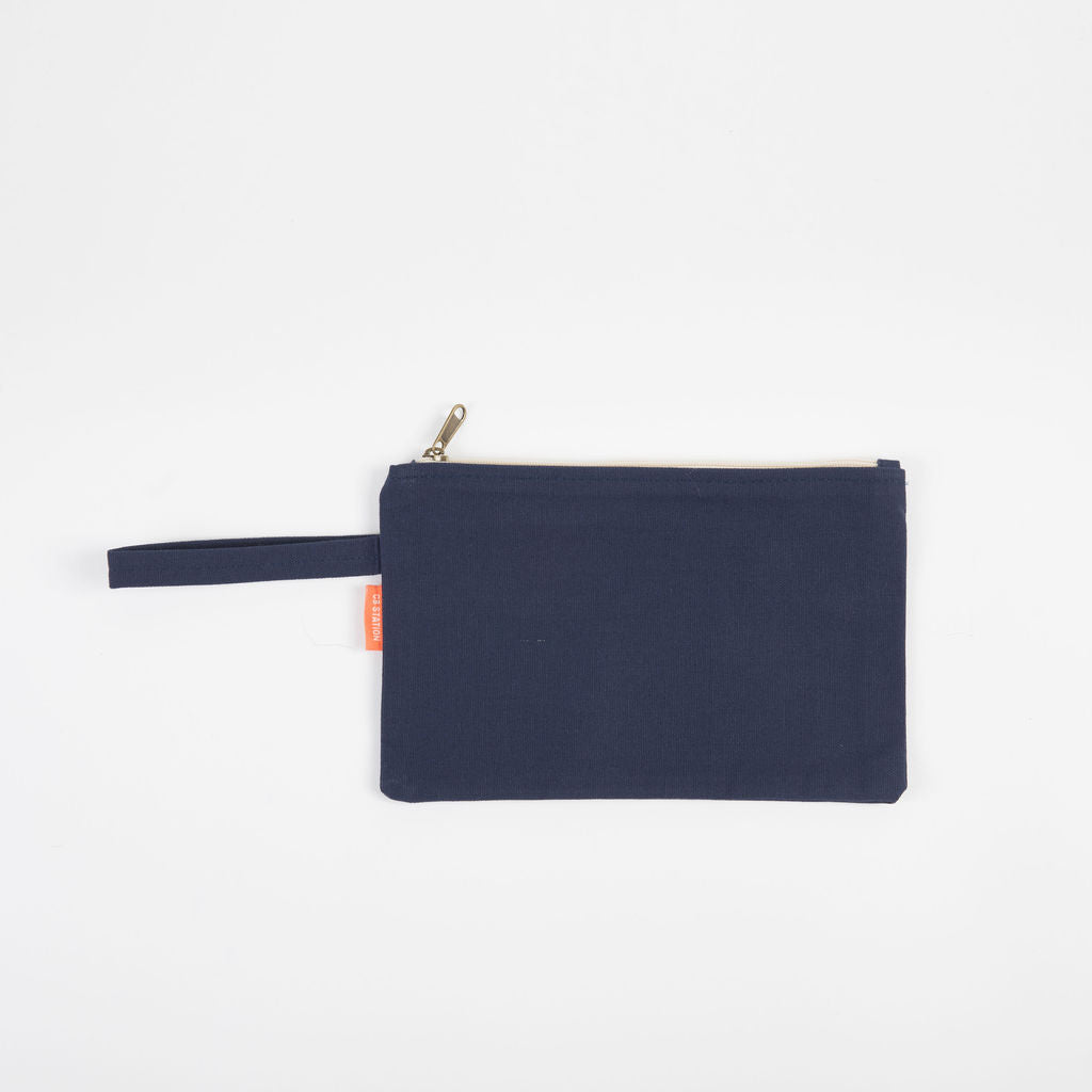 blue personalized canvas clutch
